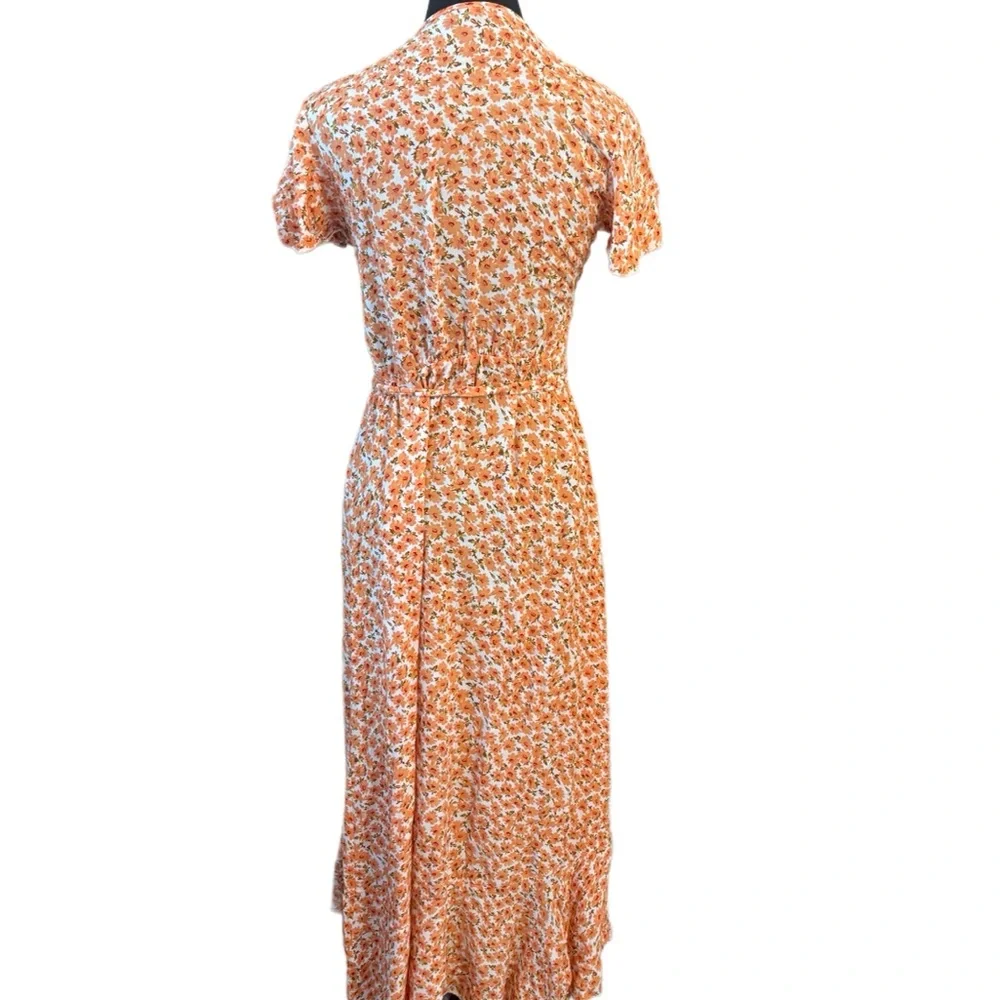 Orange Ruffled Wrap Midi Dress with Flutter Sleeves - Picture 3 of 5